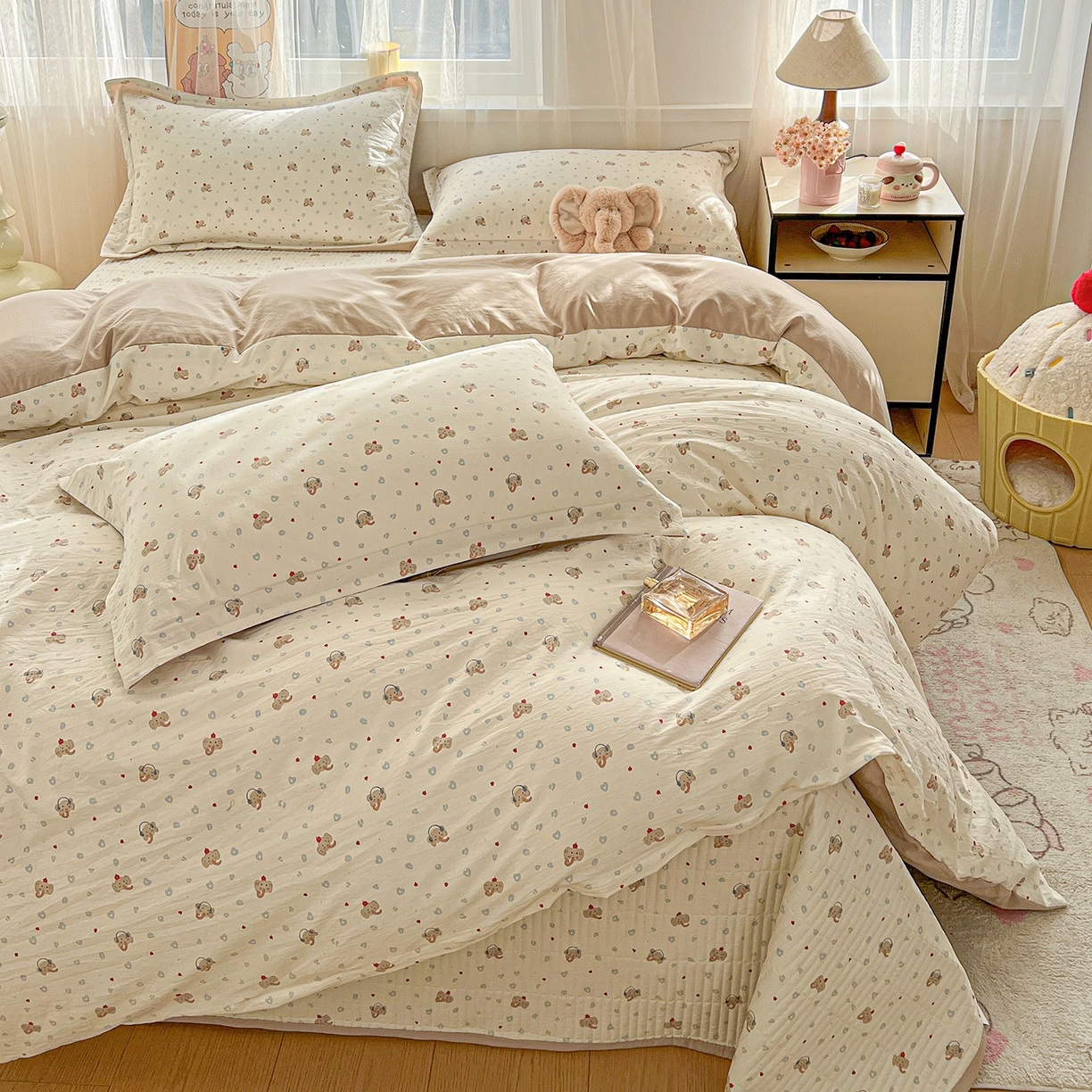 91家纺网 家纺一手货源 找家纺 梵克保罗 2026新款亲肤舒适仿棉印花床盖四件套 泡芙小象