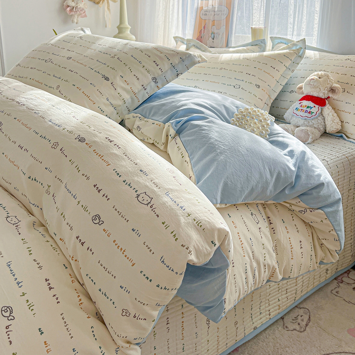 91家纺网 家纺一手货源 找家纺 梵克保罗 2026新款亲肤舒适仿棉印花床盖四件套 甜心喵