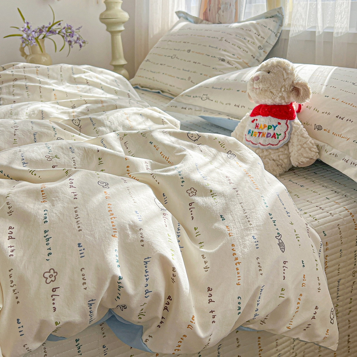 91家纺网 家纺一手货源 找家纺 梵克保罗 2026新款亲肤舒适仿棉印花床盖四件套 甜心喵