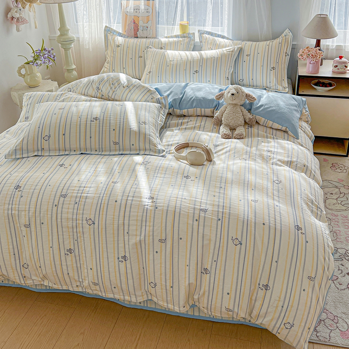 91家纺网 家纺一手货源 找家纺 梵克保罗 2026新款亲肤舒适仿棉印花床盖四件套 鱼多多