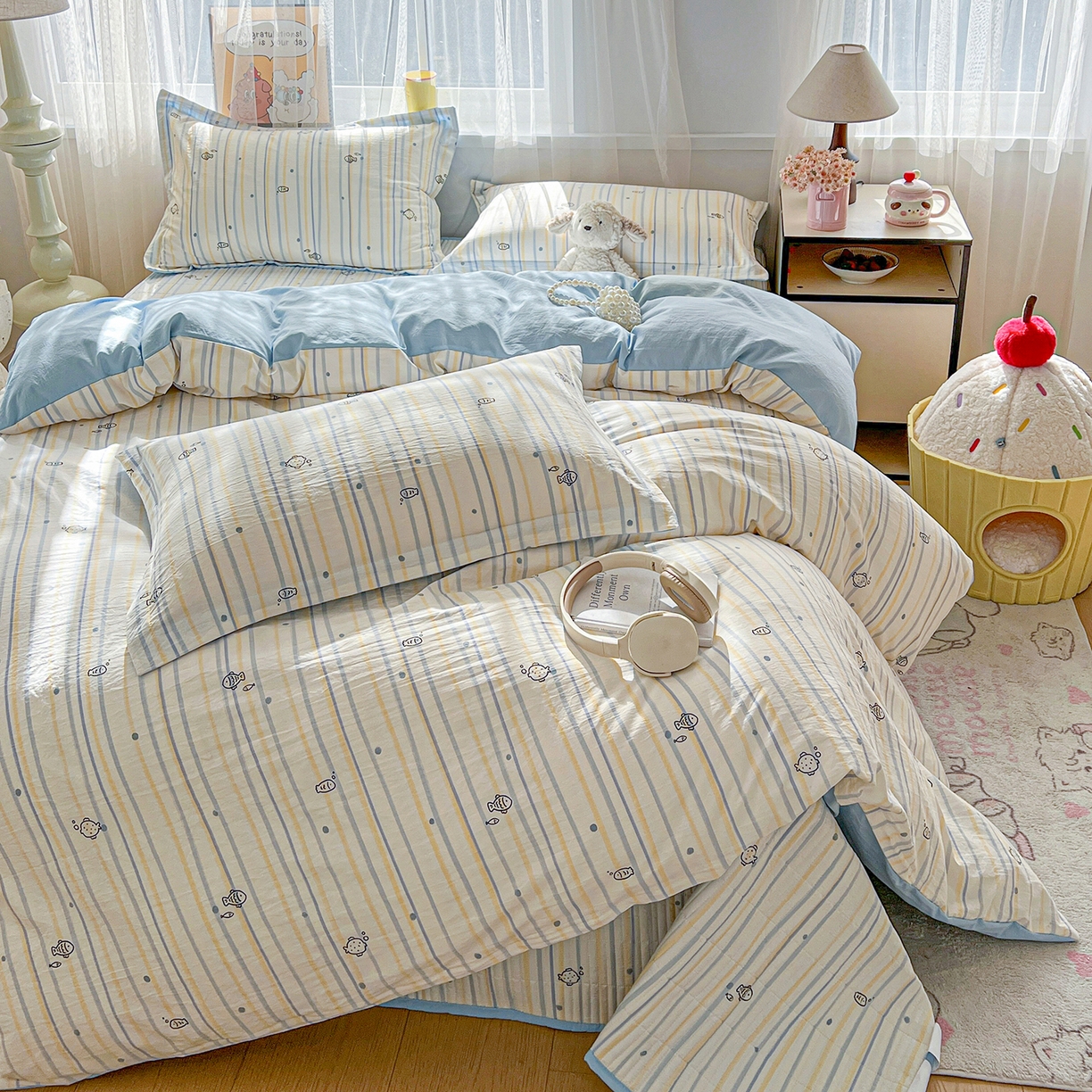 91家纺网 家纺一手货源 找家纺 梵克保罗 2026新款亲肤舒适仿棉印花床盖四件套 鱼多多