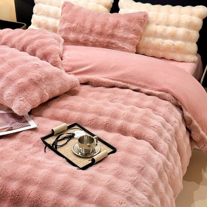 良品汇馆 2026新款兔毛绒四件套良品秋冬保暖绒布套件泡芙格加厚 小泡泡绒-粉色