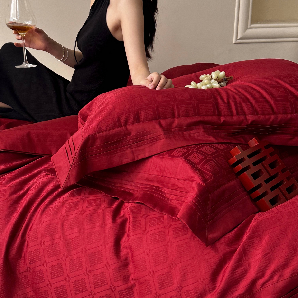 91家纺网 家纺一手货源 找家纺 （总）优然居家纺 2025新款全棉纯棉大提花婚庆四件套-吾家有喜 会员价-20