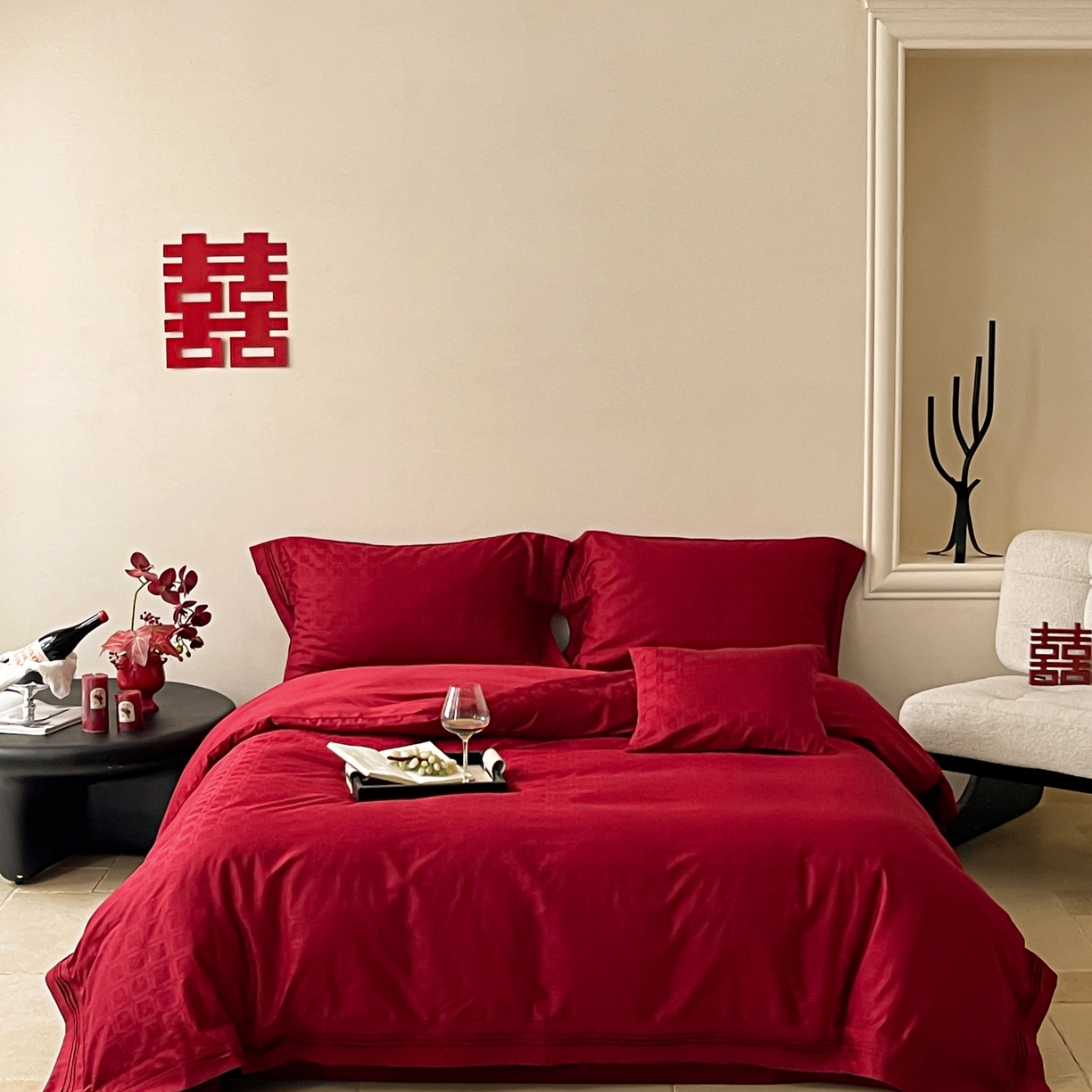 91家纺网 家纺一手货源 找家纺 （总）优然居家纺 2025新款全棉纯棉大提花婚庆四件套-吾家有喜 会员价-20,吾家有喜