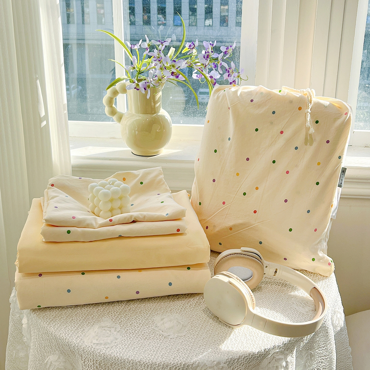 91家纺网 家纺一手货源 找家纺 梵克保罗 2026新款A类古法水洗仿棉云感纱四件套 彩波波