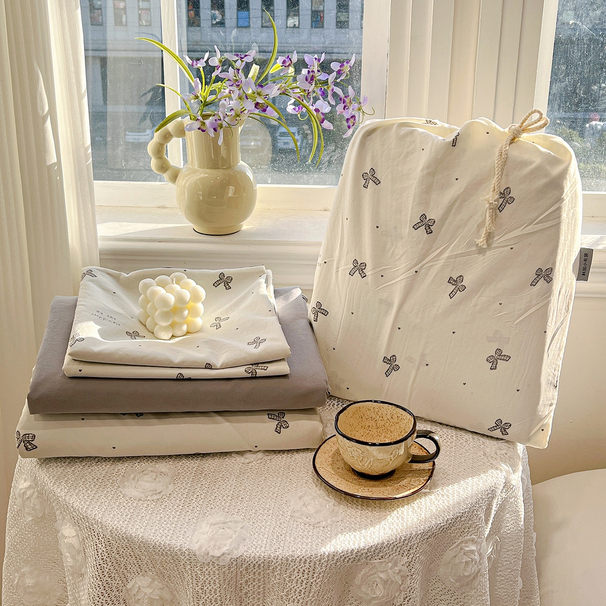 91家纺网 家纺一手货源 找家纺 梵克保罗 2026新款A类古法水洗仿棉云感纱四件套 梦幻灰