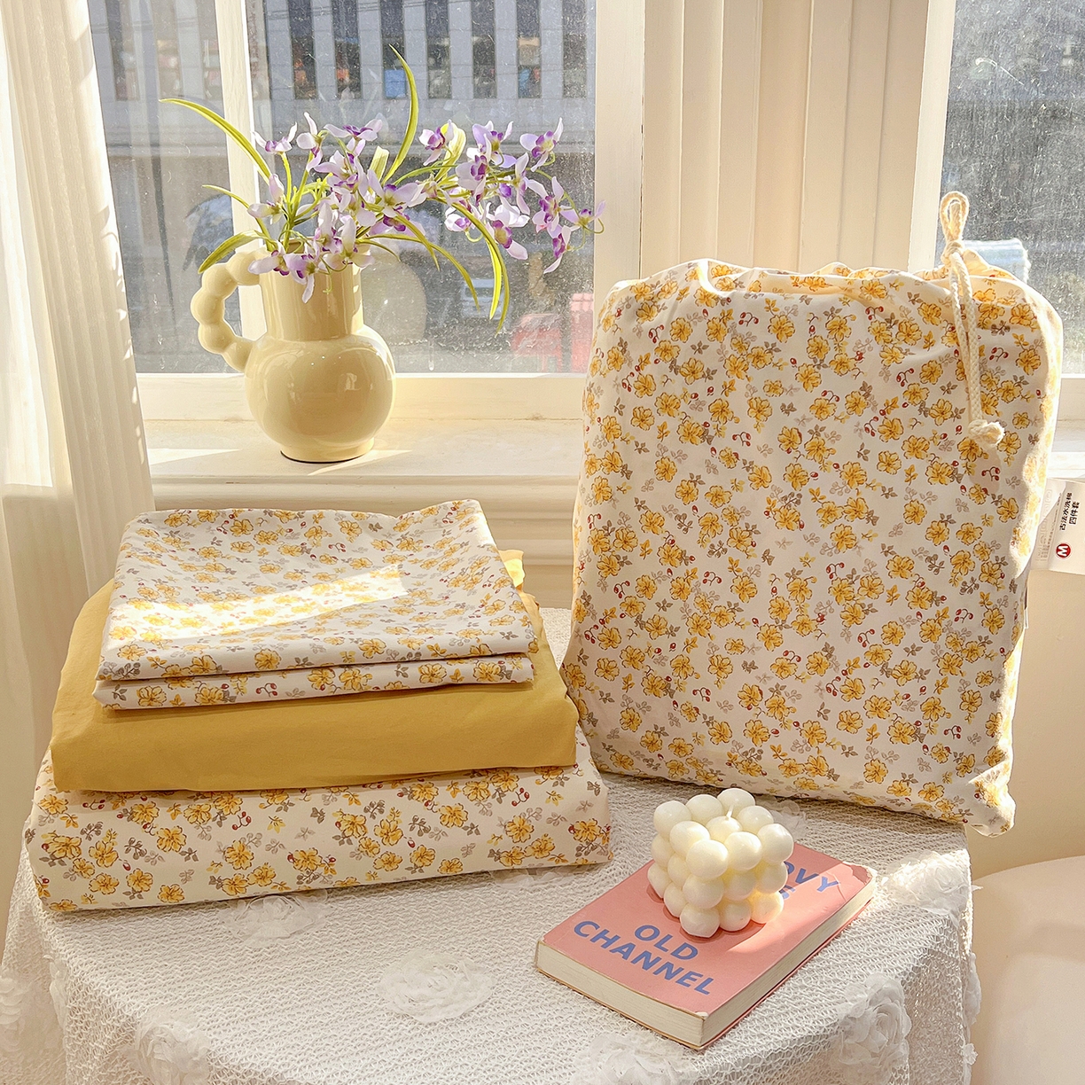91家纺网 家纺一手货源 找家纺 梵克保罗 2026新款A类古法水洗仿棉云感纱四件套 小黄花