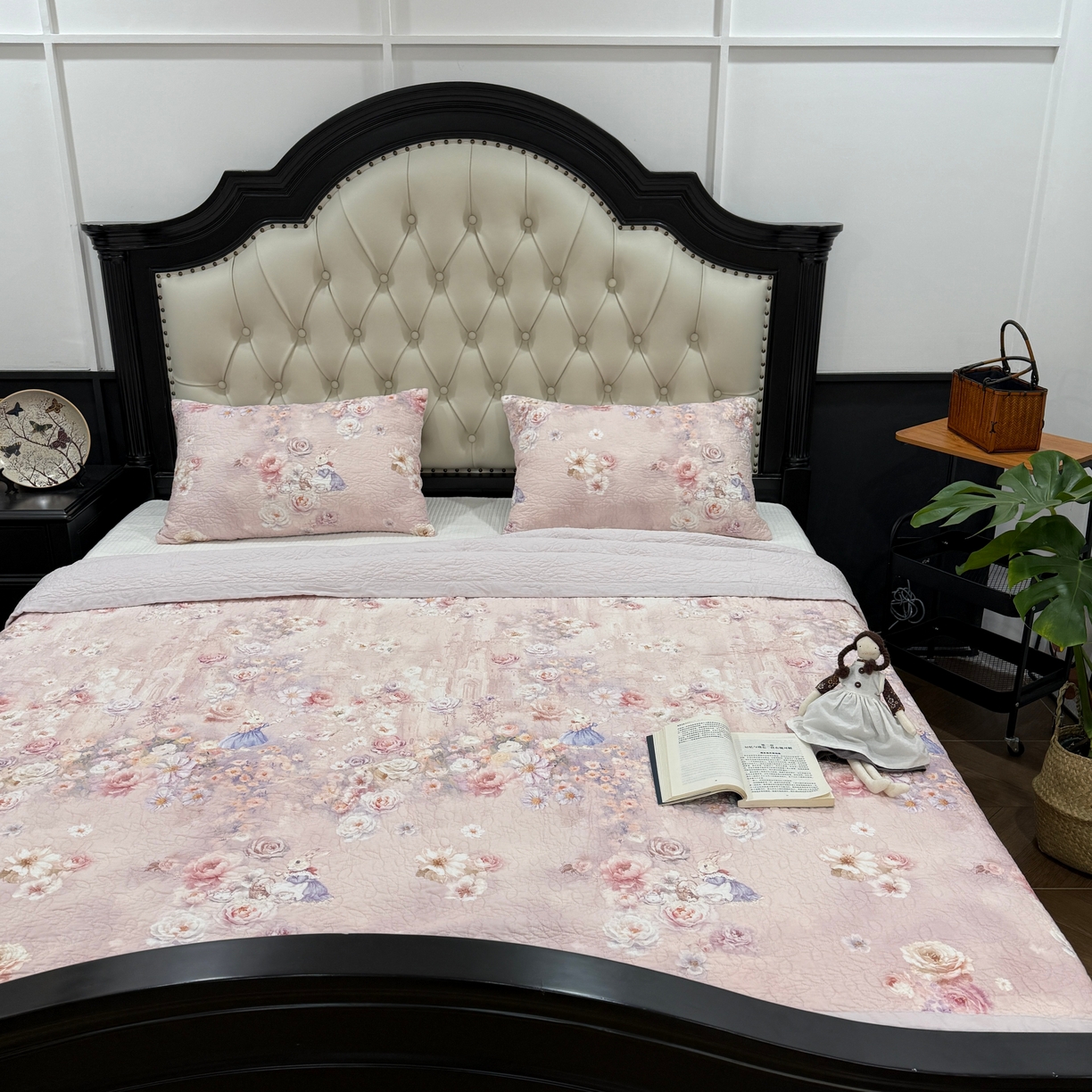 91家纺网 家纺一手货源 找家纺 床盖工厂店 2026新款高端活性数码工艺双面全棉棉花床盖三件套 百花羞-粉