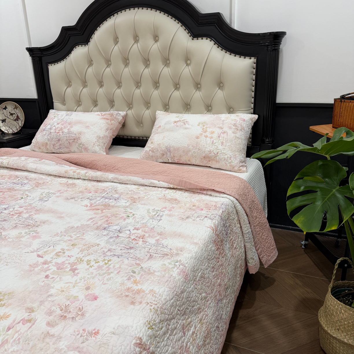 91家纺网 家纺一手货源 找家纺 床盖工厂店 2026新款高端活性数码工艺双面全棉棉花床盖三件套 法兰庄园-粉