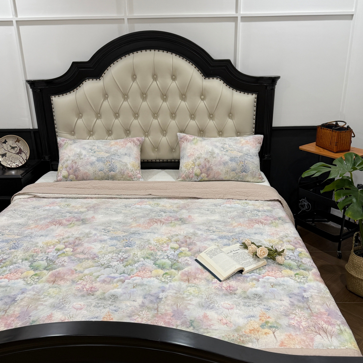 91家纺网 家纺一手货源 找家纺 床盖工厂店 2026新款高端活性数码工艺双面全棉棉花床盖三件套 诗和远方-绿