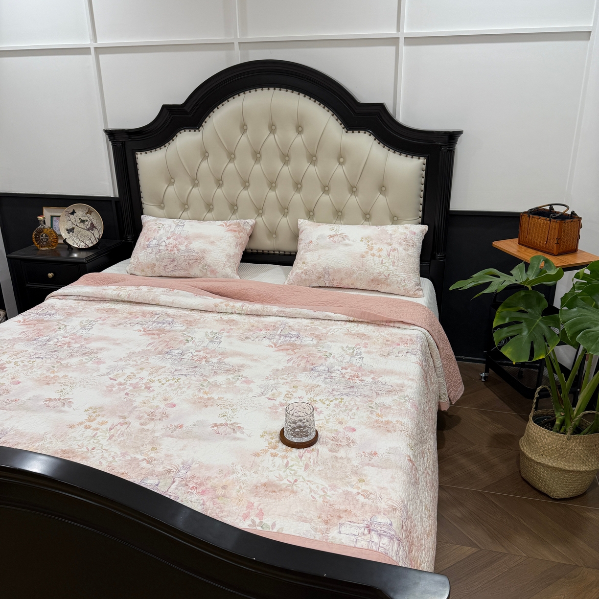 91家纺网 家纺一手货源 找家纺 床盖工厂店 2026新款高端活性数码工艺双面全棉棉花床盖三件套 法兰庄园-粉