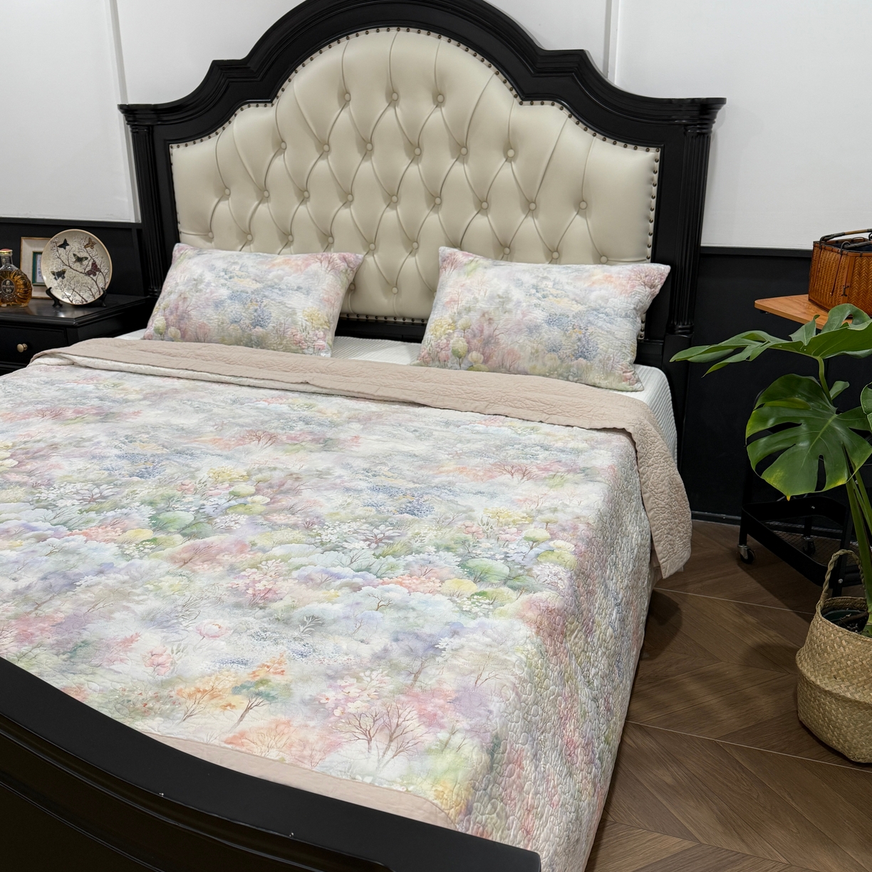 91家纺网 家纺一手货源 找家纺 床盖工厂店 2026新款高端活性数码工艺双面全棉棉花床盖三件套 诗和远方-绿