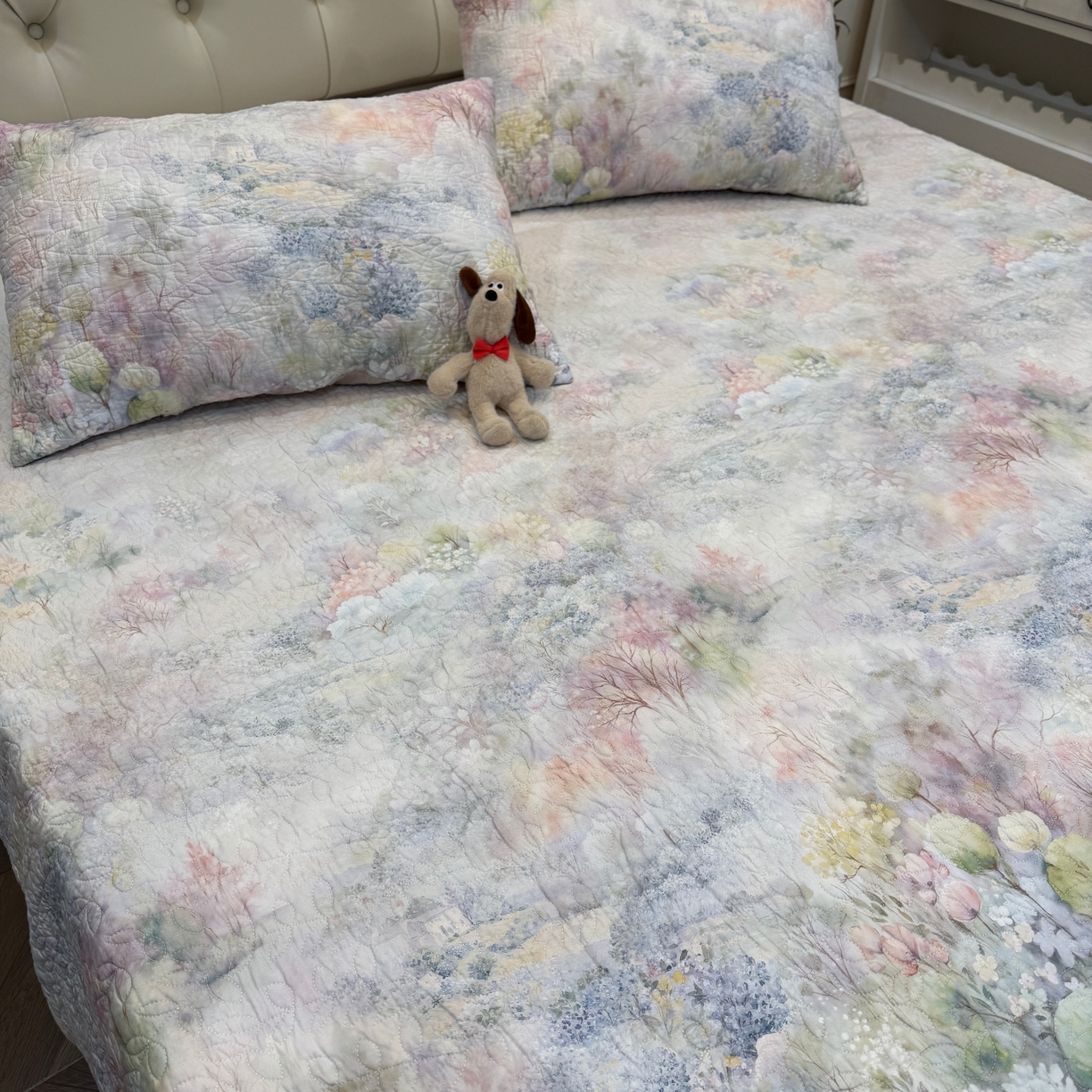 91家纺网 家纺一手货源 找家纺 床盖工厂店 2026新款高端活性数码工艺双面全棉棉花床盖三件套 诗和远方-绿