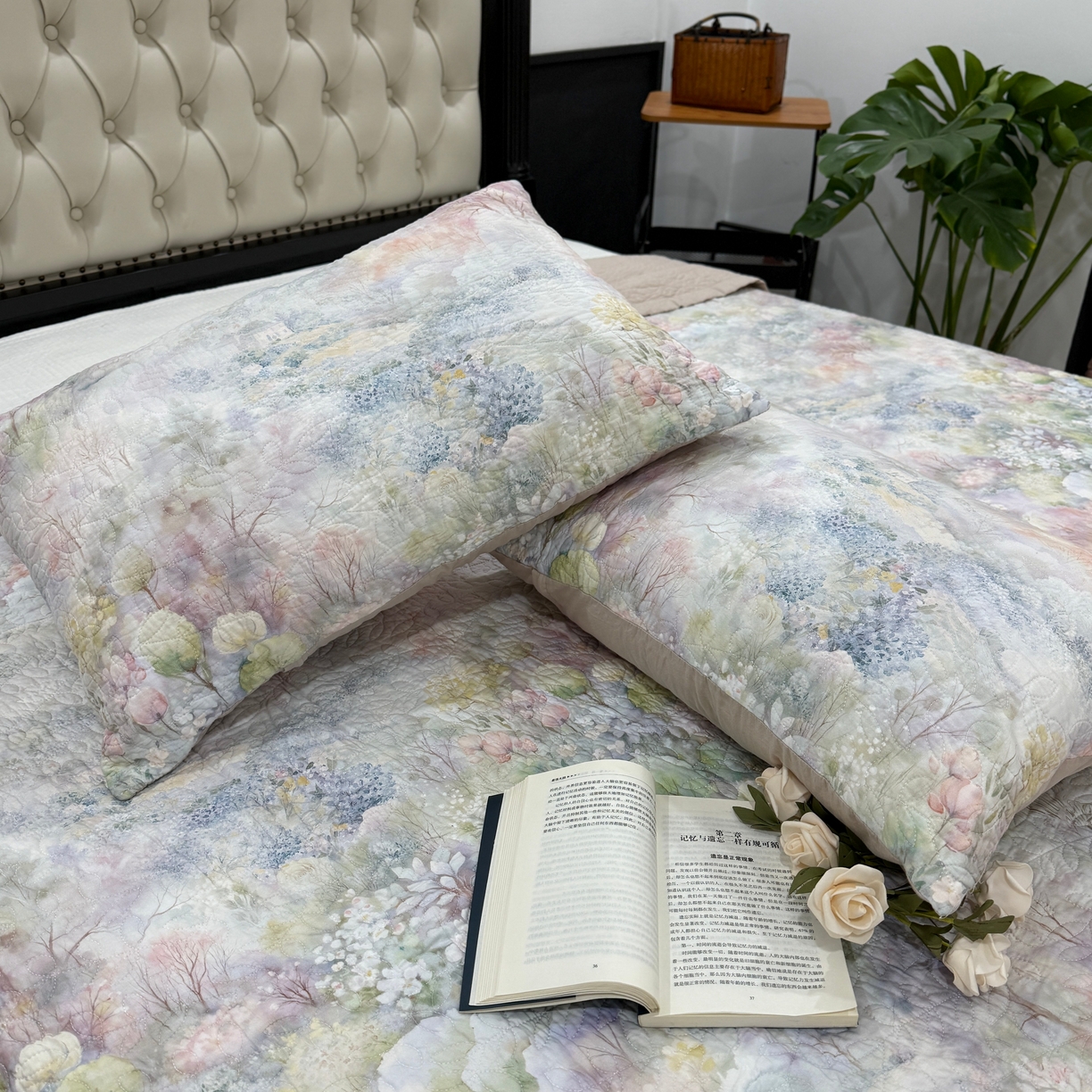 91家纺网 家纺一手货源 找家纺 床盖工厂店 2026新款高端活性数码工艺双面全棉棉花床盖三件套 诗和远方-绿