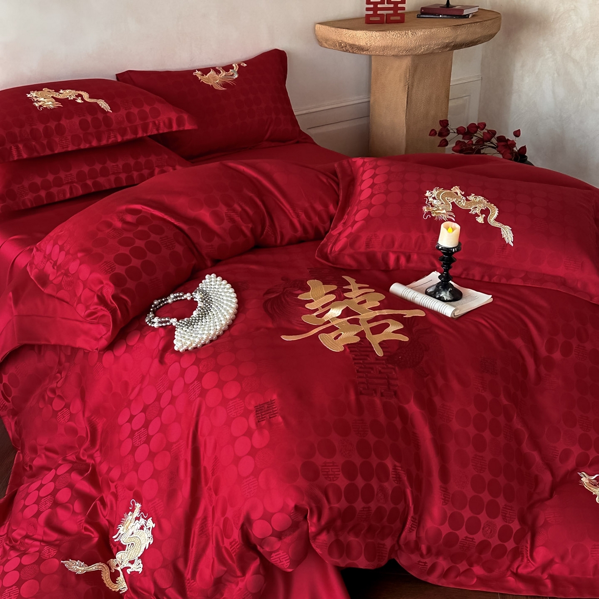 欧乐蒂 2025冬季新品亲肤棉提花刺绣婚庆四件套 龙凤双喜