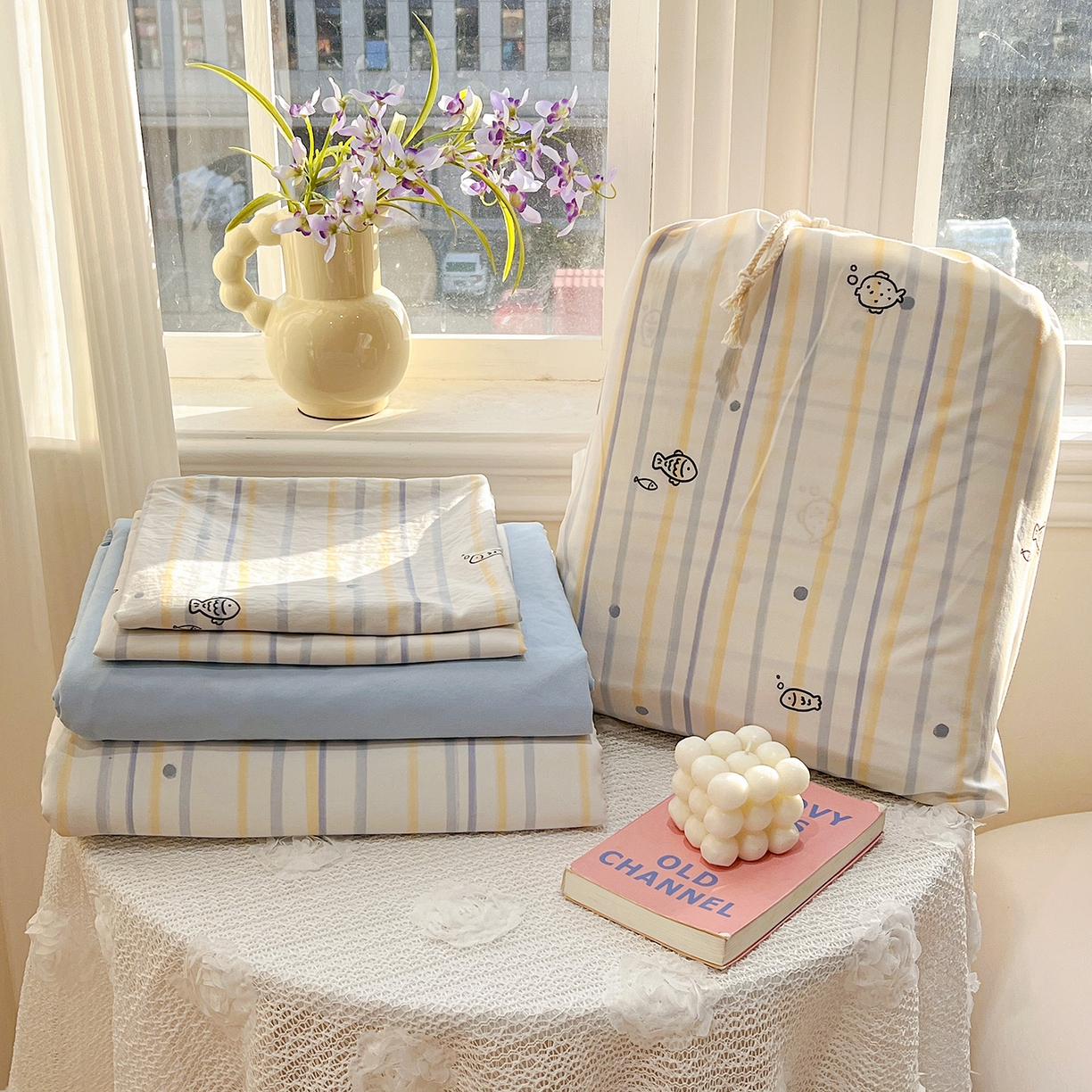 91家纺网 家纺一手货源 找家纺 梵克保罗 2026新款A类古法水洗仿棉云感纱四件套 鱼多多