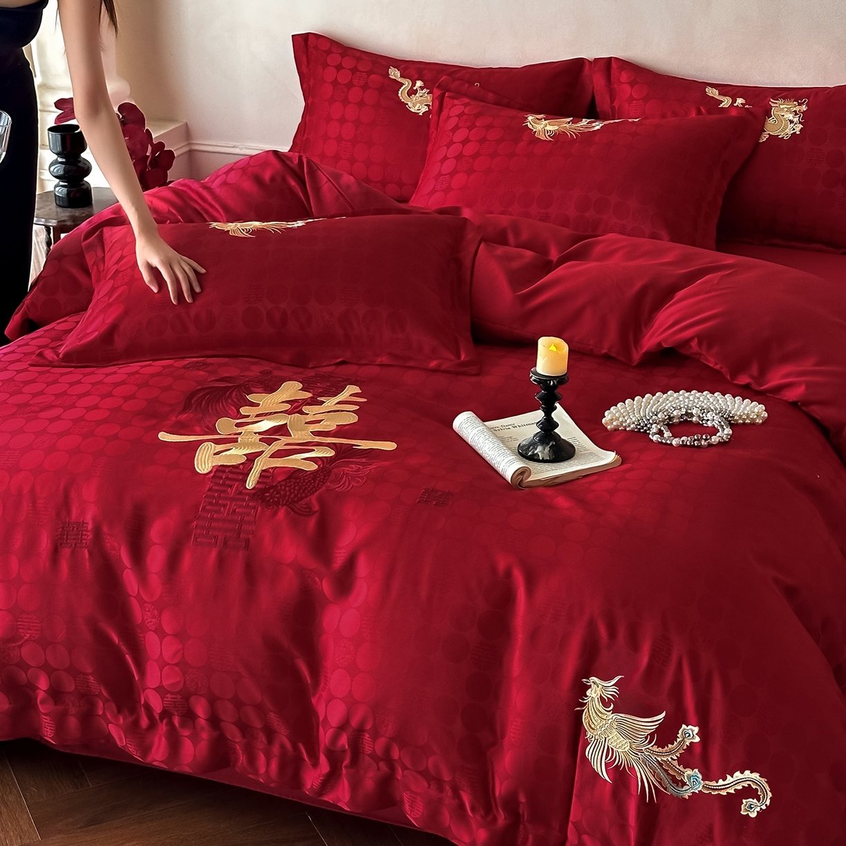 91家纺网 家纺一手货源 找家纺 欧乐蒂 2025冬季新品亲肤棉提花刺绣婚庆四件套 龙凤双喜