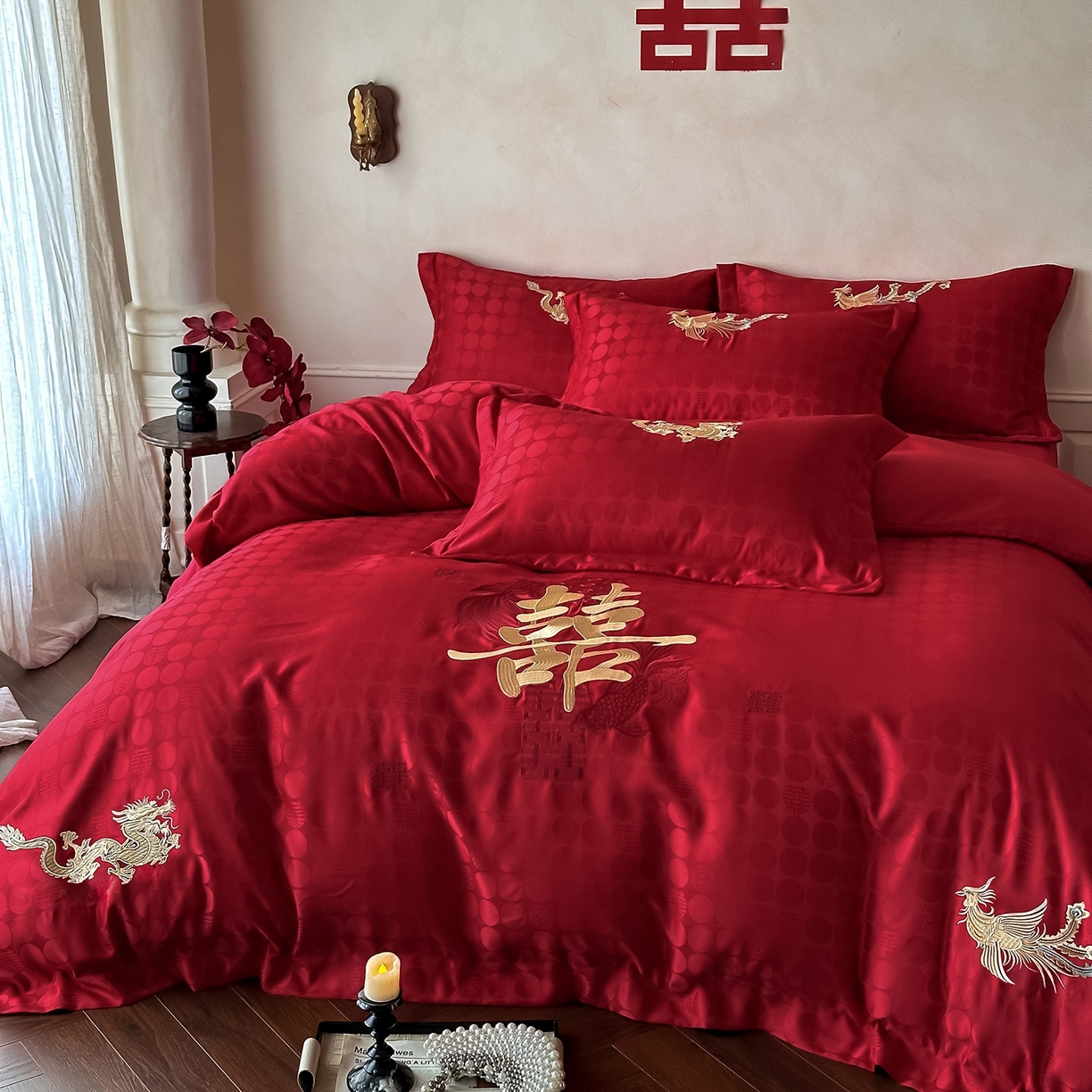 91家纺网 家纺一手货源 找家纺 欧乐蒂 2025冬季新品亲肤棉提花刺绣婚庆四件套 龙凤双喜