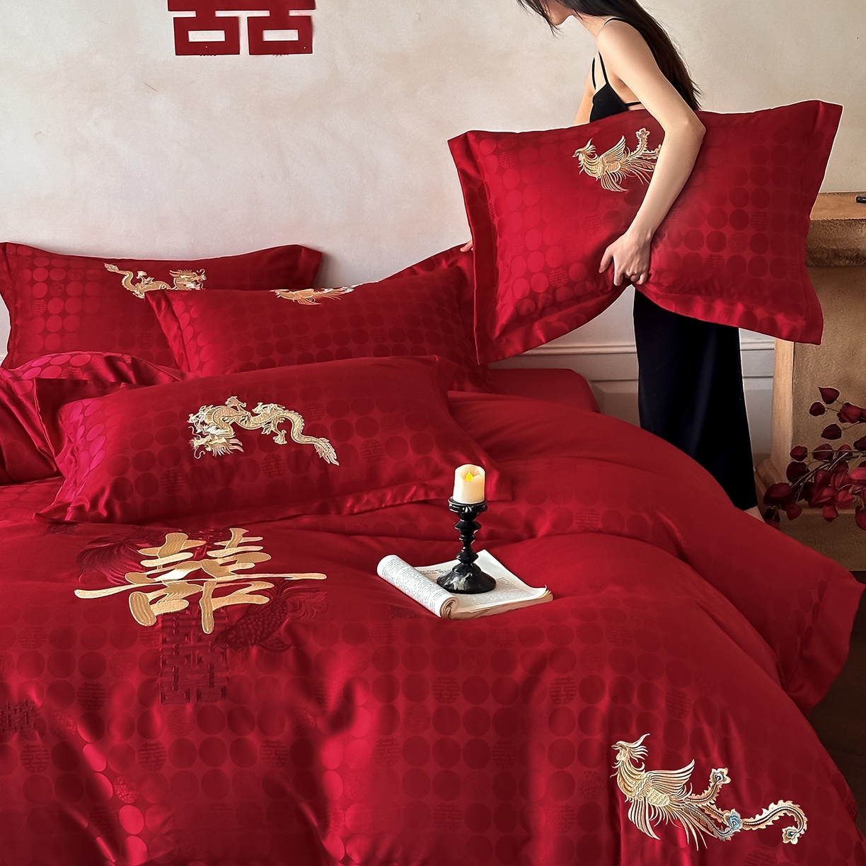 91家纺网 家纺一手货源 找家纺 欧乐蒂 2025冬季新品亲肤棉提花刺绣婚庆四件套 龙凤双喜