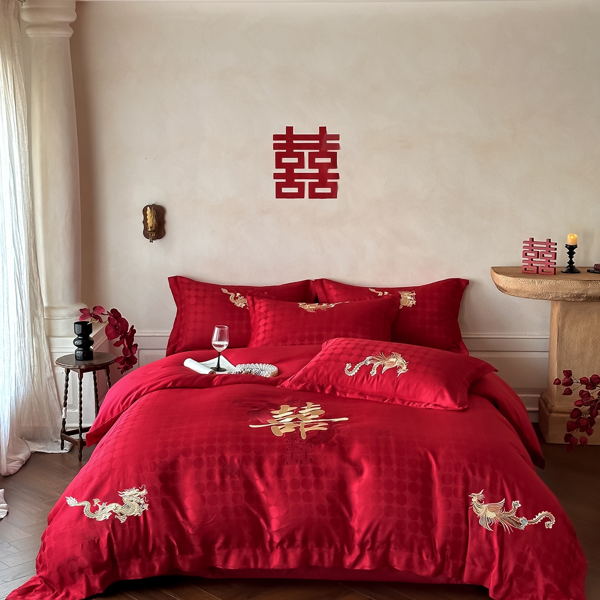 91家纺网 家纺一手货源 找家纺 欧乐蒂 2025冬季新品亲肤棉提花刺绣婚庆四件套 龙凤双喜