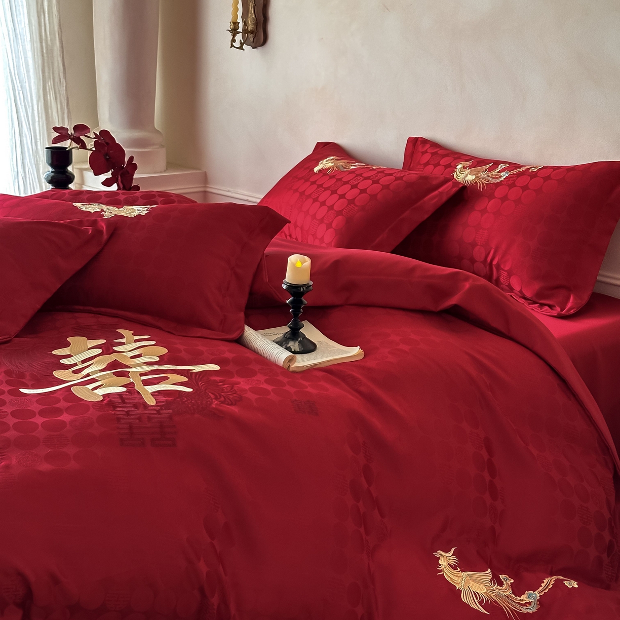 91家纺网 家纺一手货源 找家纺 欧乐蒂 2025冬季新品亲肤棉提花刺绣婚庆四件套 龙凤双喜