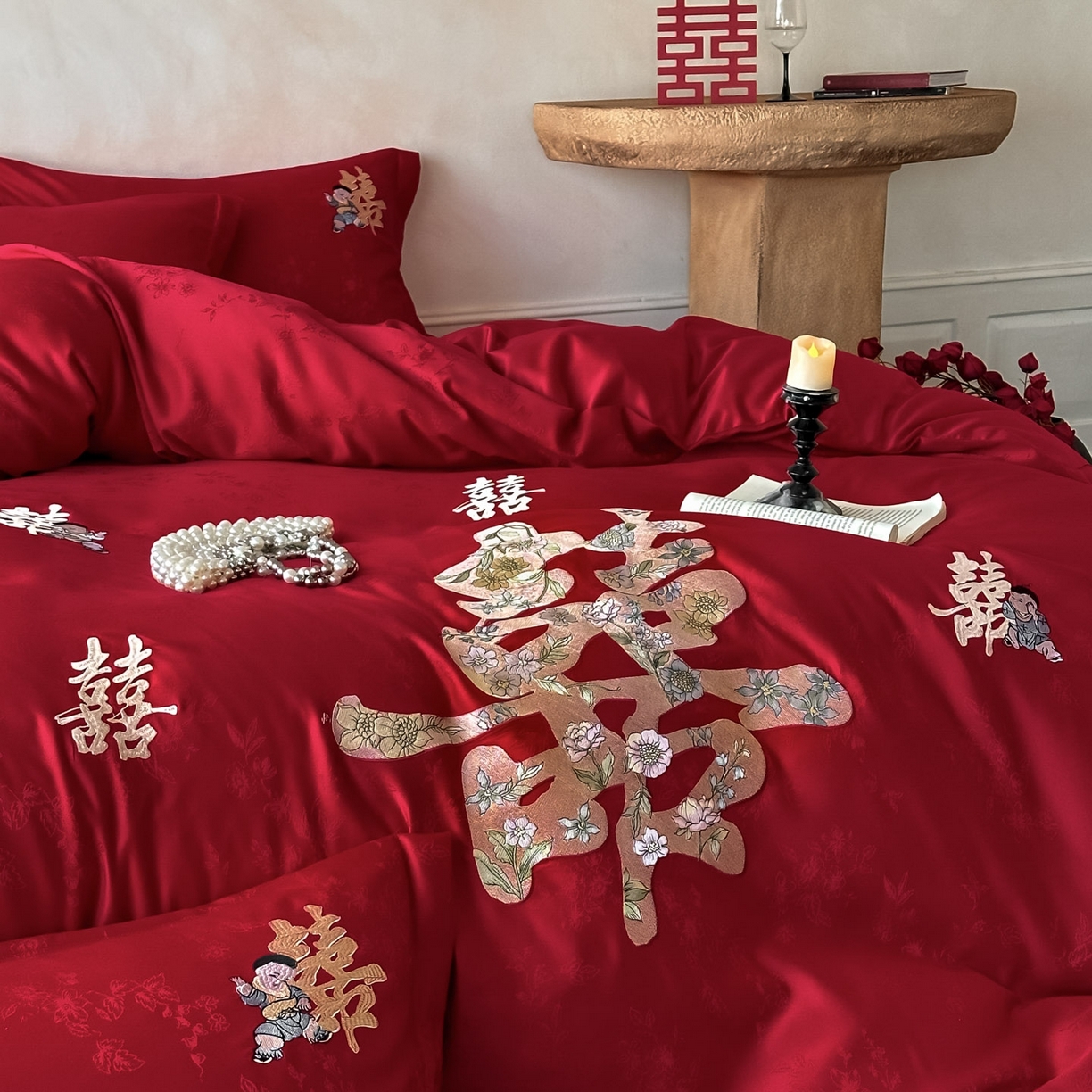 91家纺网 家纺一手货源 找家纺 欧乐蒂 2025冬季新品亲肤棉提花刺绣婚庆四件套 喜事花开