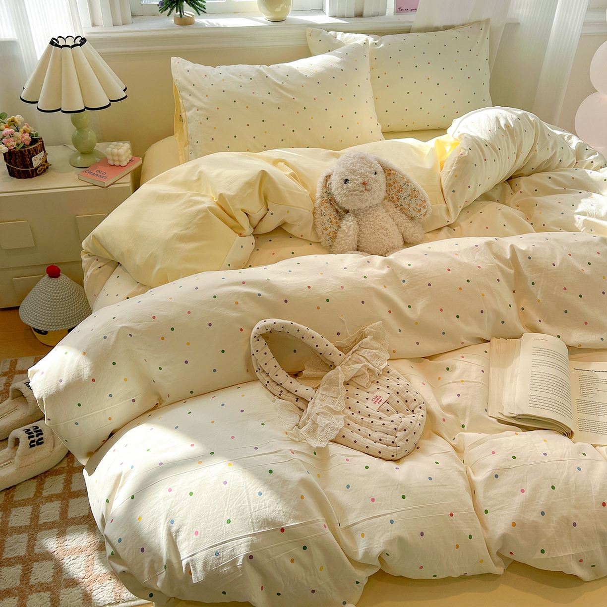 91家纺网 家纺一手货源 找家纺 梵克保罗 2026新款A类古法水洗仿棉云感纱四件套 彩波波