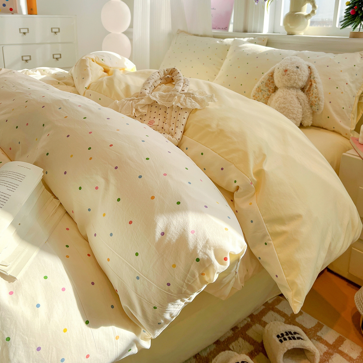 91家纺网 家纺一手货源 找家纺 梵克保罗 2026新款A类古法水洗仿棉云感纱四件套 彩波波