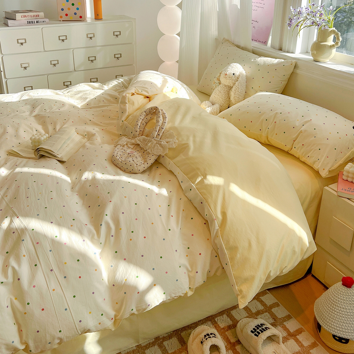 91家纺网 家纺一手货源 找家纺 梵克保罗 2026新款A类古法水洗仿棉云感纱四件套 彩波波