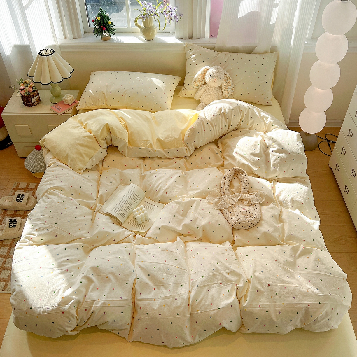 91家纺网 家纺一手货源 找家纺 梵克保罗 2026新款A类古法水洗仿棉云感纱四件套 彩波波