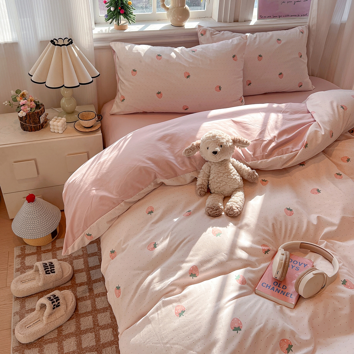 91家纺网 家纺一手货源 找家纺 梵克保罗 2026新款A类古法水洗仿棉云感纱四件套 草莓点点