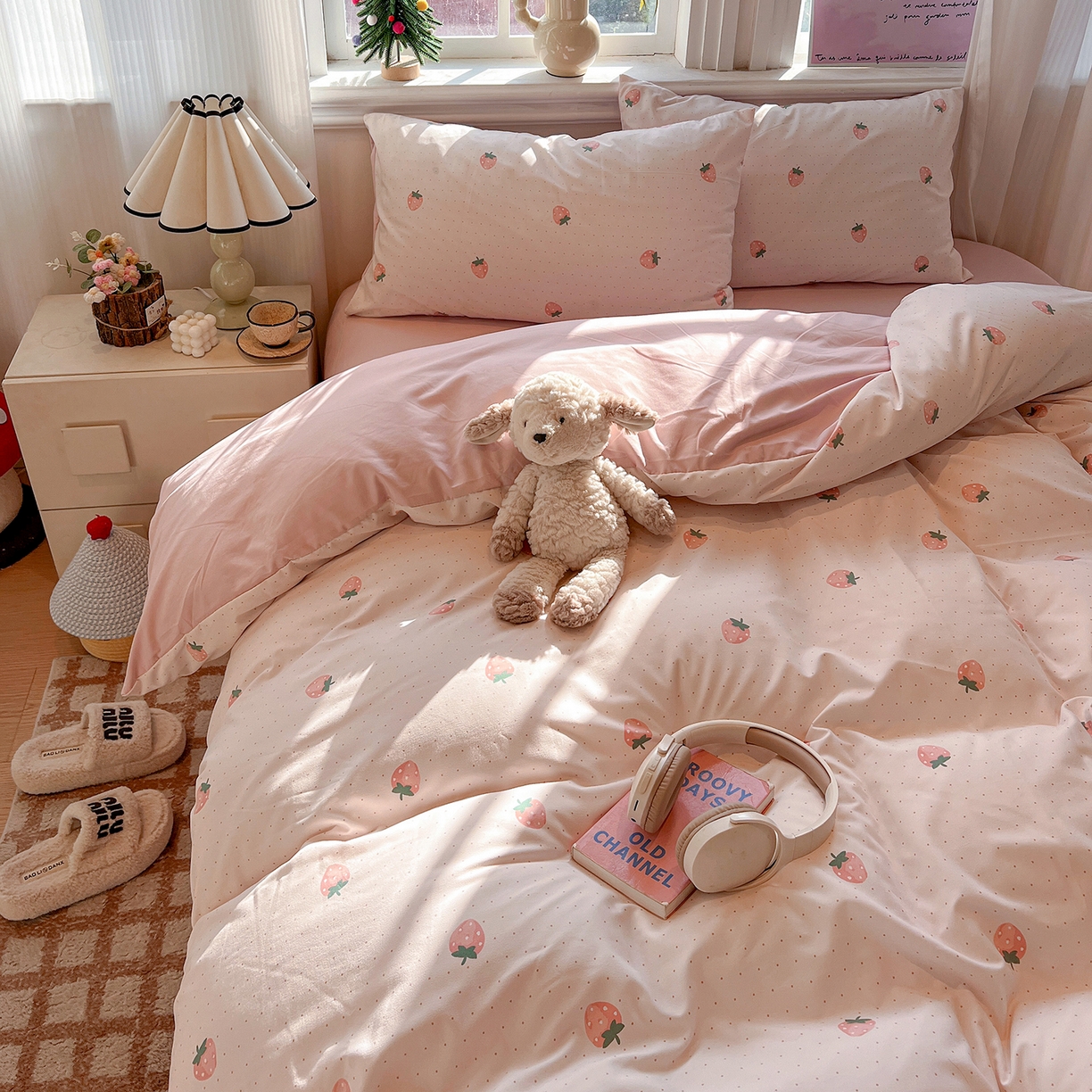 91家纺网 家纺一手货源 找家纺 梵克保罗 2026新款A类古法水洗仿棉云感纱四件套 草莓点点