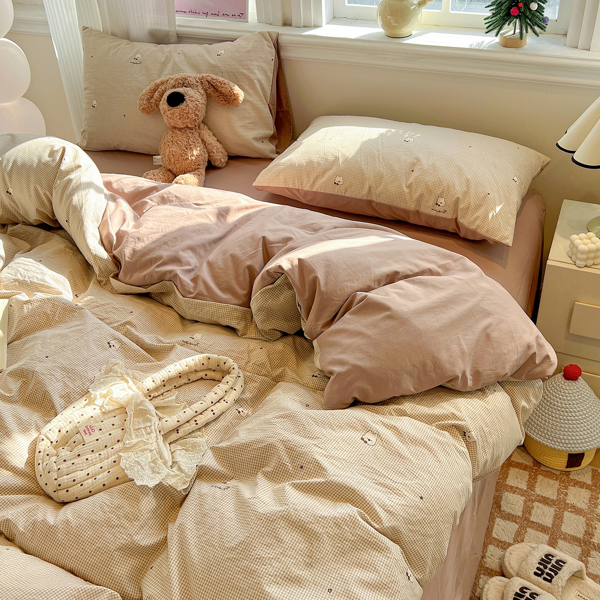 91家纺网 家纺一手货源 找家纺 梵克保罗 2026新款A类古法水洗仿棉云感纱四件套 格纹狗