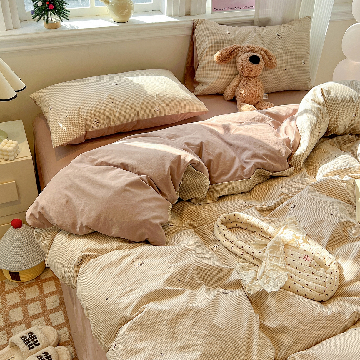 91家纺网 家纺一手货源 找家纺 梵克保罗 2026新款A类古法水洗仿棉云感纱四件套 格纹狗