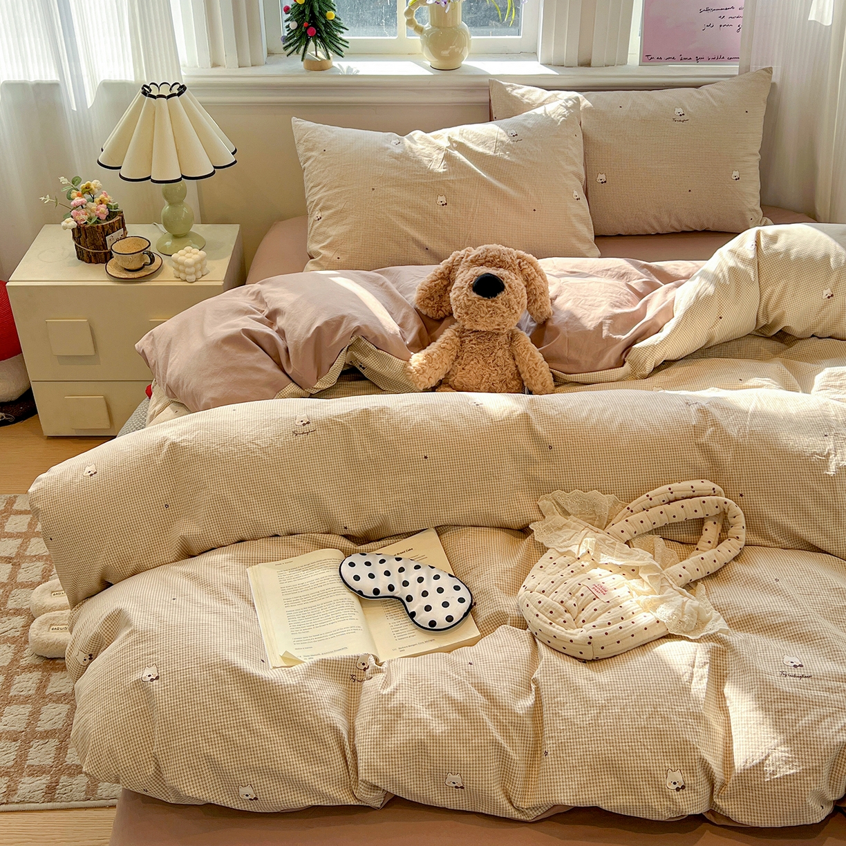 91家纺网 家纺一手货源 找家纺 梵克保罗 2026新款A类古法水洗仿棉云感纱四件套 格纹狗