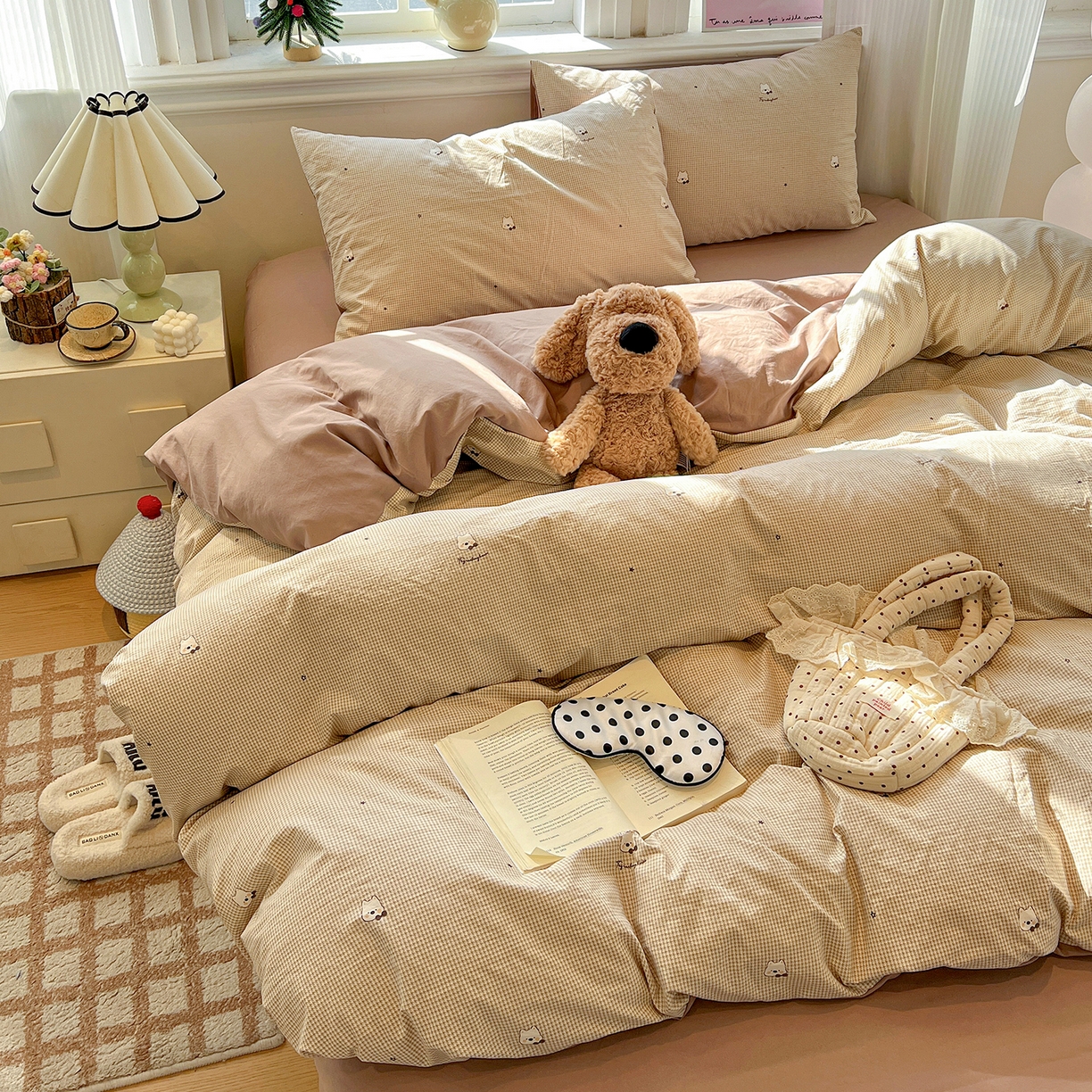 91家纺网 家纺一手货源 找家纺 梵克保罗 2026新款A类古法水洗仿棉云感纱四件套 格纹狗