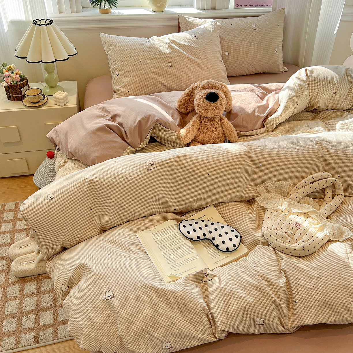 91家纺网 家纺一手货源 找家纺 梵克保罗 2026新款A类古法水洗仿棉云感纱四件套 格纹狗