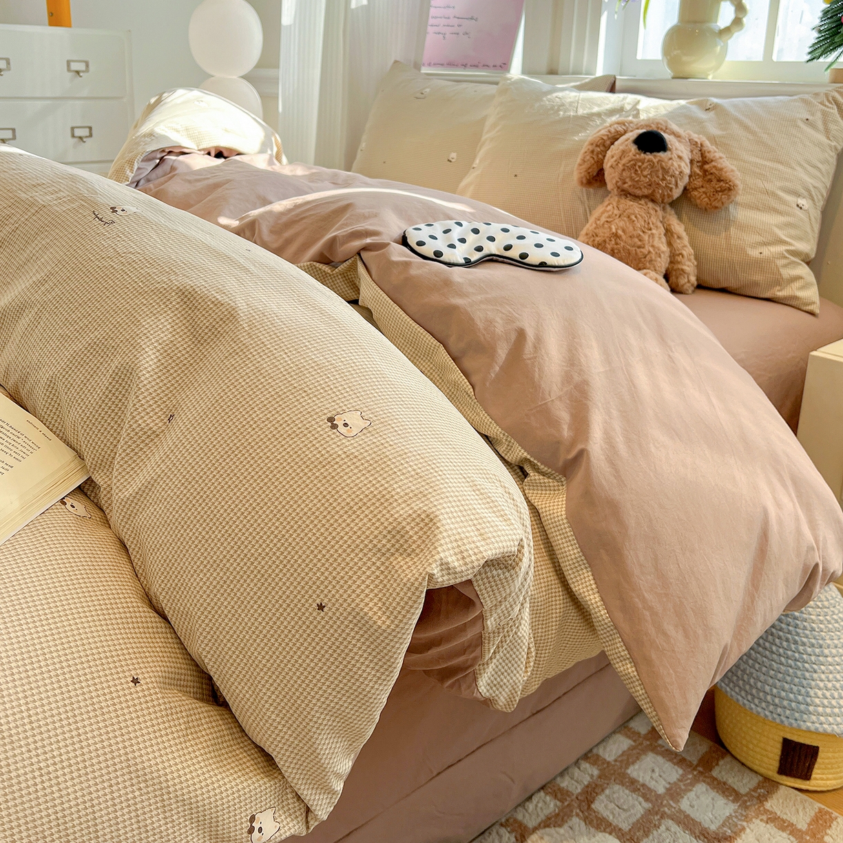 91家纺网 家纺一手货源 找家纺 梵克保罗 2026新款A类古法水洗仿棉云感纱四件套 格纹狗