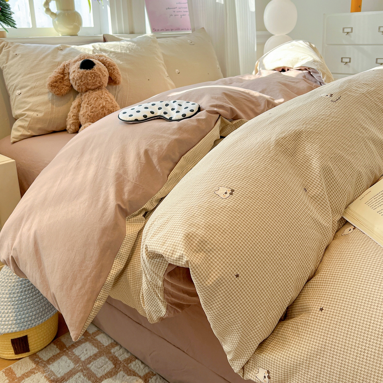 91家纺网 家纺一手货源 找家纺 梵克保罗 2026新款A类古法水洗仿棉云感纱四件套 格纹狗