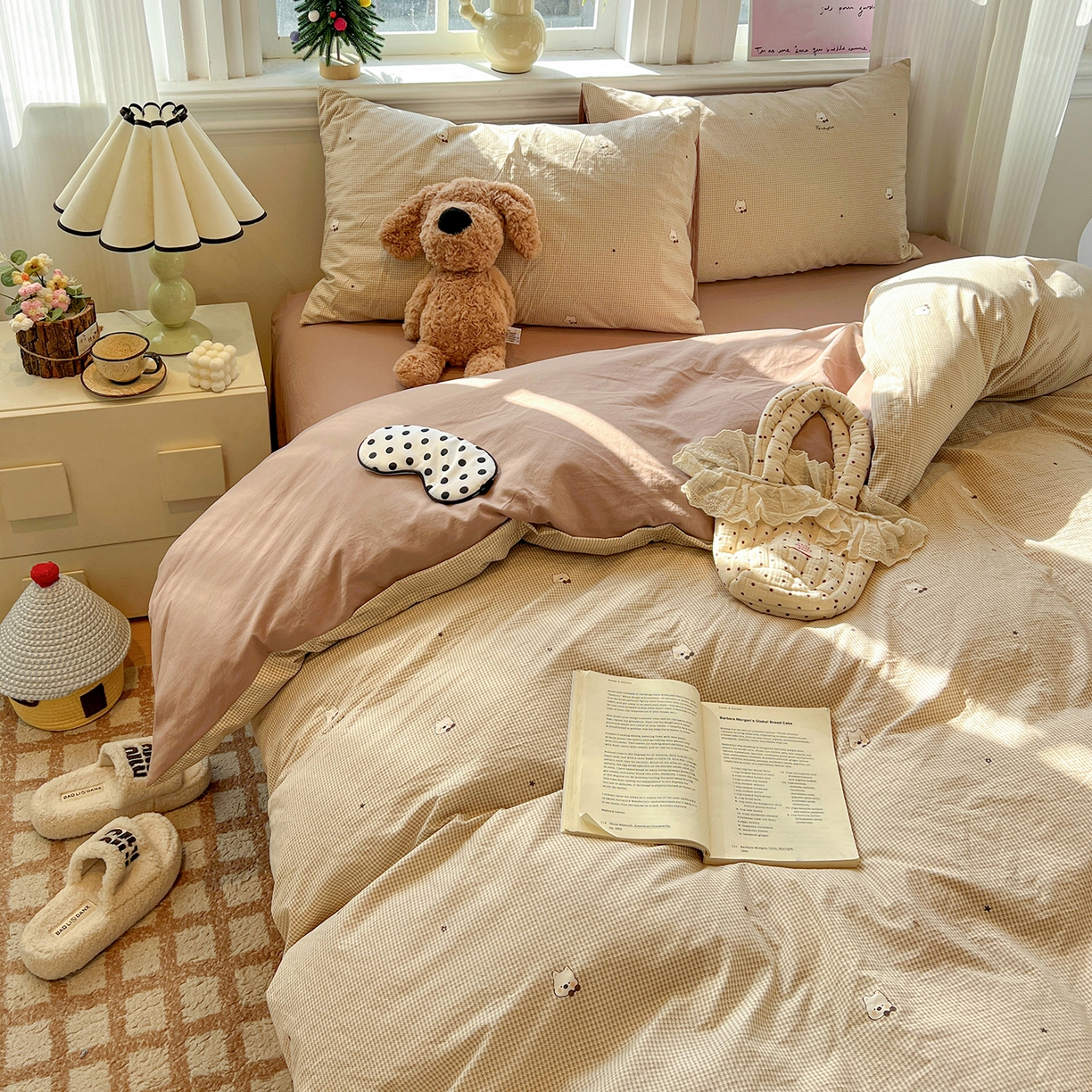 91家纺网 家纺一手货源 找家纺 梵克保罗 2026新款A类古法水洗仿棉云感纱四件套 格纹狗