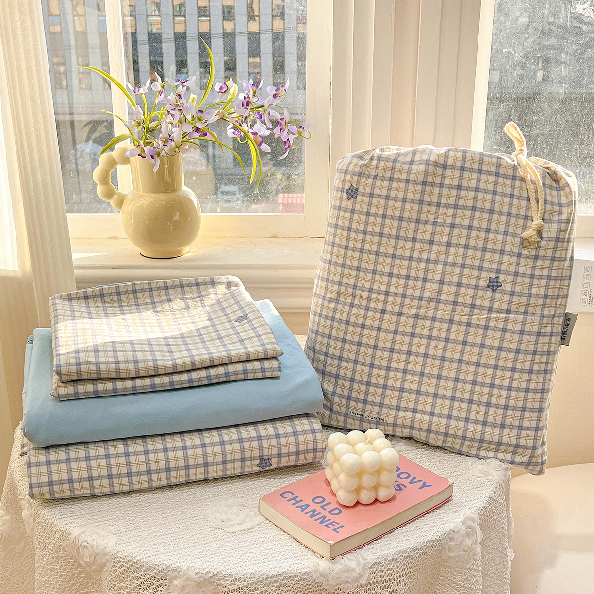 梵克保罗 2026新款A类古法水洗仿棉云感纱四件套 蓝小格