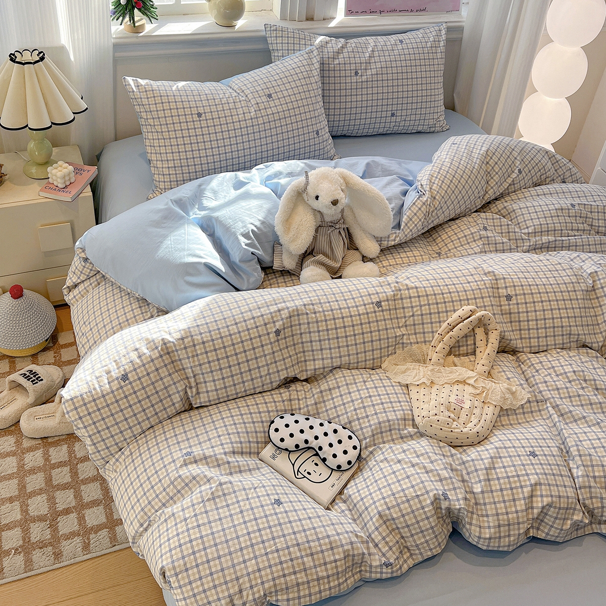 91家纺网 家纺一手货源 找家纺 梵克保罗 2026新款A类古法水洗仿棉云感纱四件套 蓝小格