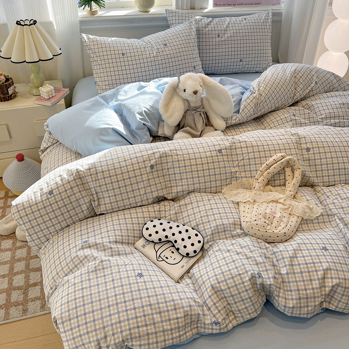 91家纺网 家纺一手货源 找家纺 梵克保罗 2026新款A类古法水洗仿棉云感纱四件套 蓝小格