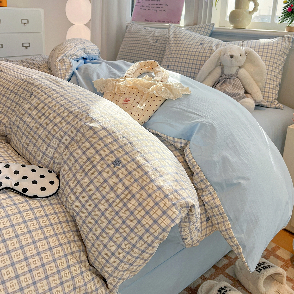 91家纺网 家纺一手货源 找家纺 梵克保罗 2026新款A类古法水洗仿棉云感纱四件套 蓝小格