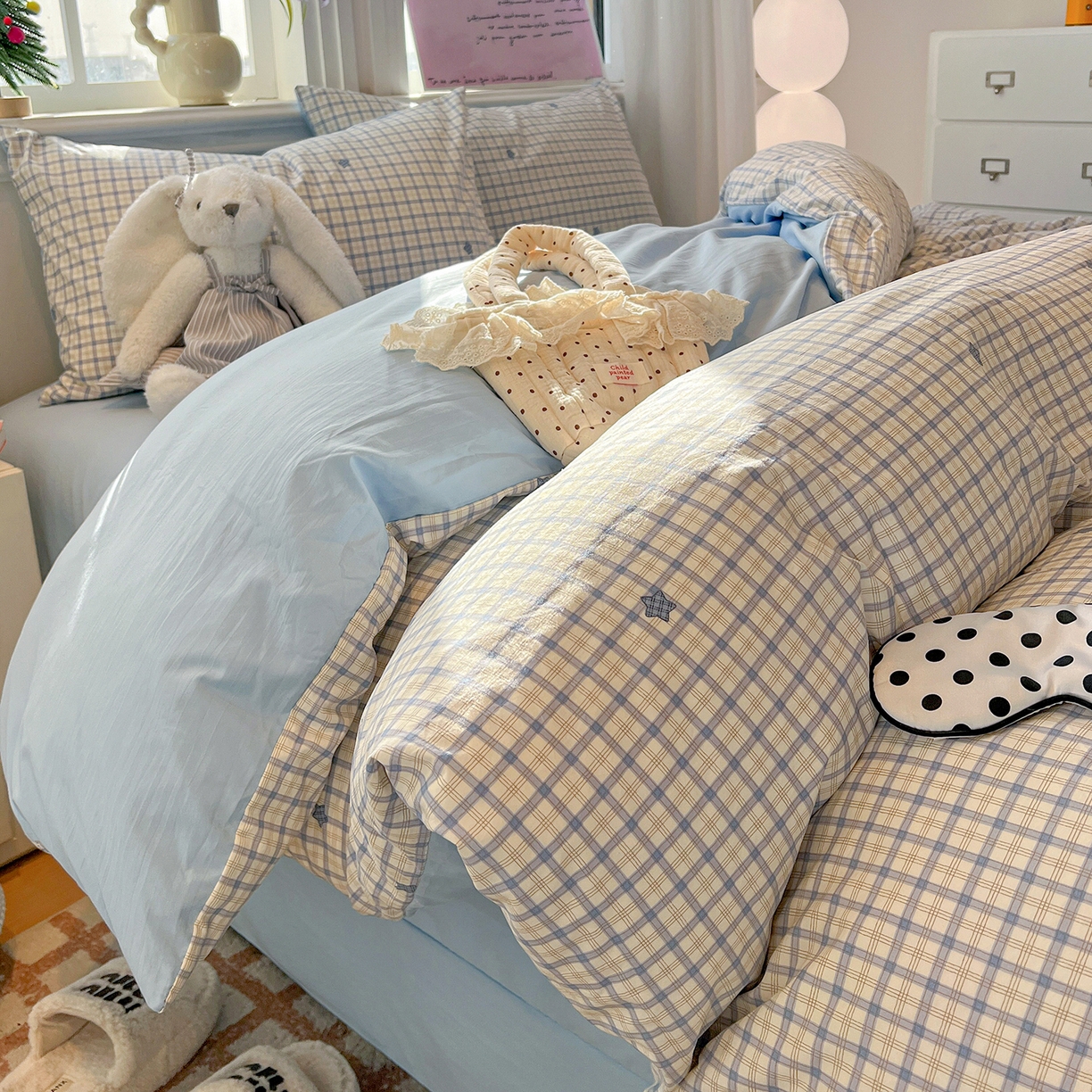 91家纺网 家纺一手货源 找家纺 梵克保罗 2026新款A类古法水洗仿棉云感纱四件套 蓝小格