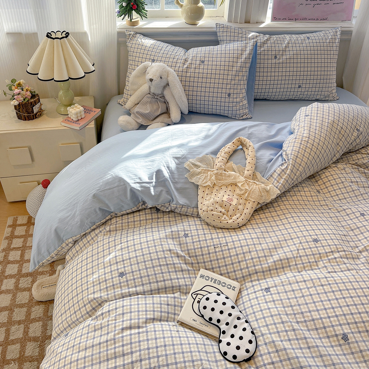 91家纺网 家纺一手货源 找家纺 梵克保罗 2026新款A类古法水洗仿棉云感纱四件套 蓝小格