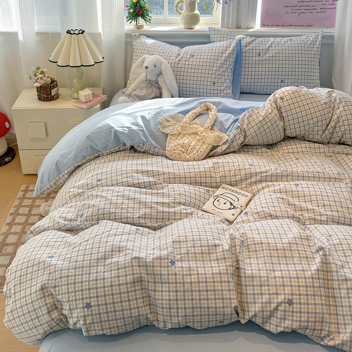 91家纺网 家纺一手货源 找家纺 梵克保罗 2026新款A类古法水洗仿棉云感纱四件套 蓝小格