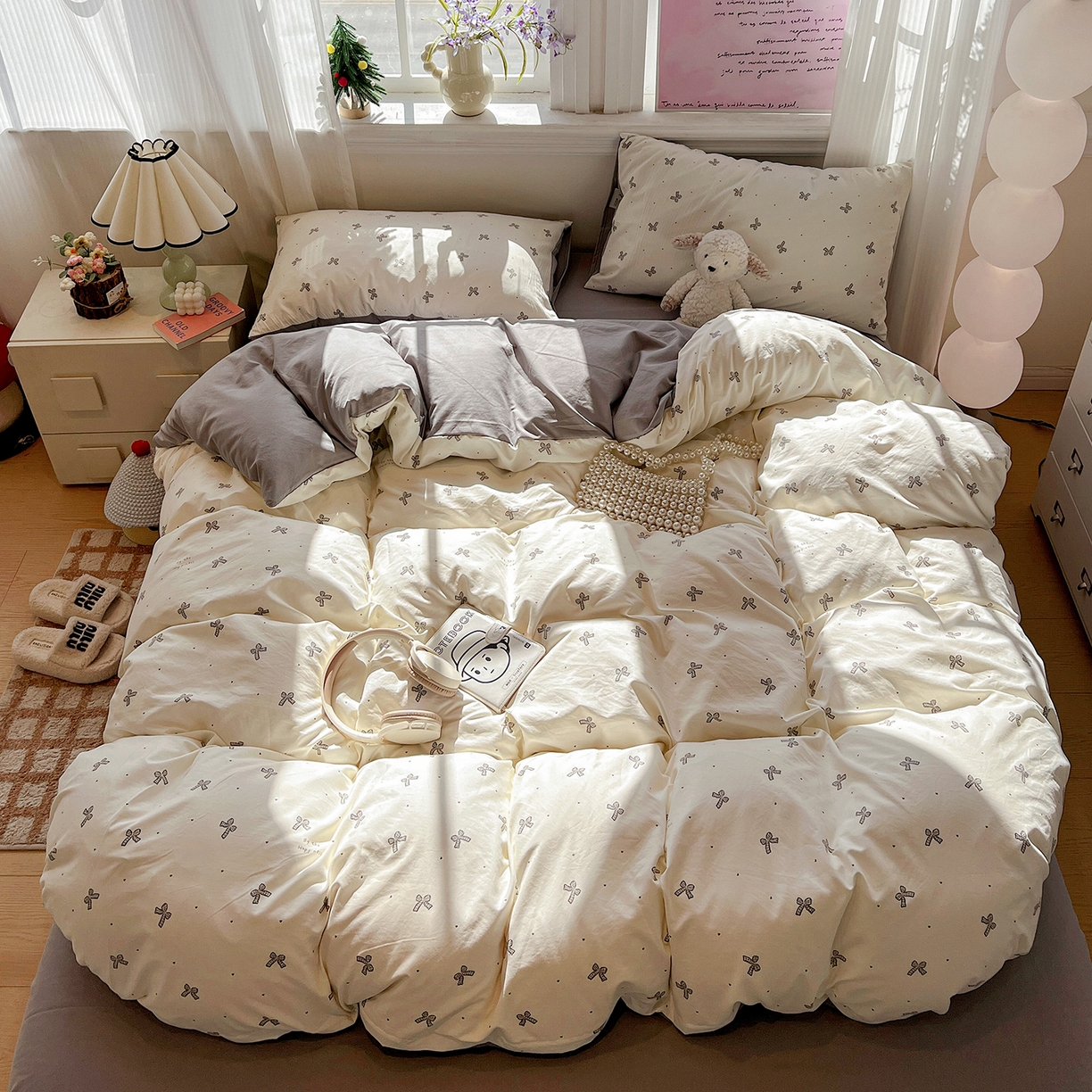 91家纺网 家纺一手货源 找家纺 梵克保罗 2026新款A类古法水洗仿棉云感纱四件套 梦幻灰