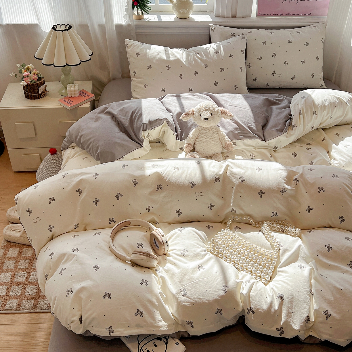 91家纺网 家纺一手货源 找家纺 梵克保罗 2026新款A类古法水洗仿棉云感纱四件套 梦幻灰