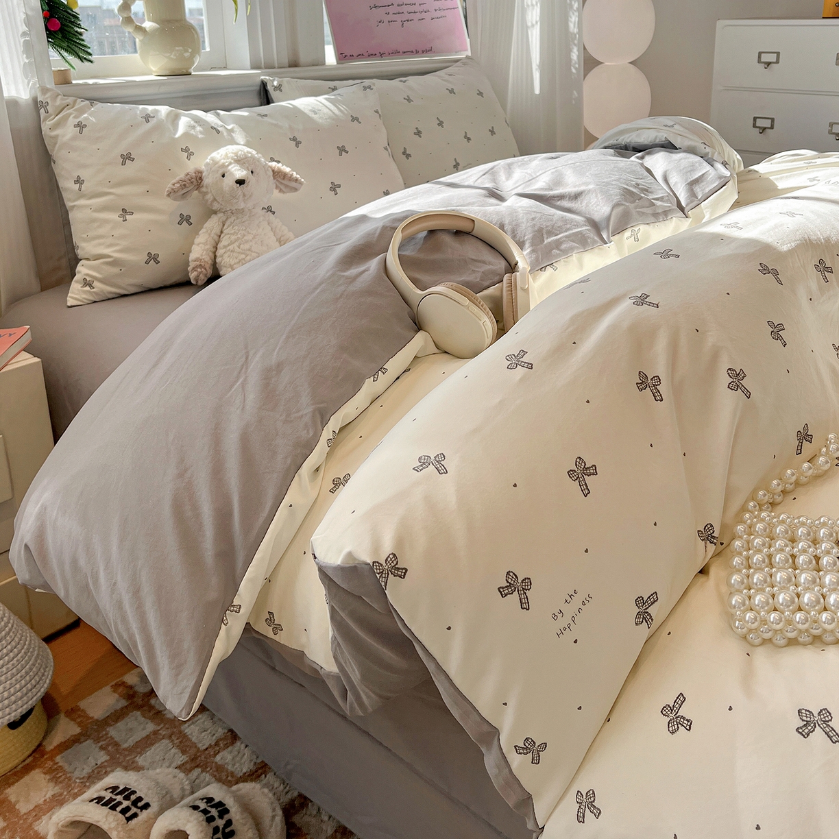 91家纺网 家纺一手货源 找家纺 梵克保罗 2026新款A类古法水洗仿棉云感纱四件套 梦幻灰